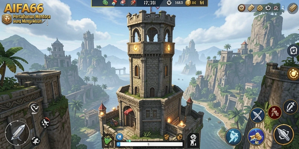 Tampilan gameplay menegangkan di AIFA66, menara beraksi melawan gelombang musuh.