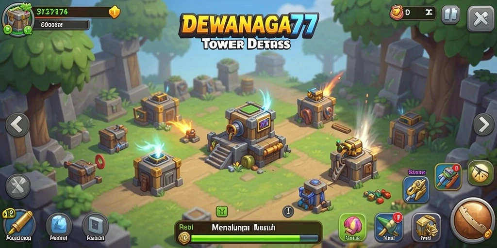 Screenshot DEWANAGA77 menunjukkan serangan musuh dan tower yang beraksi.