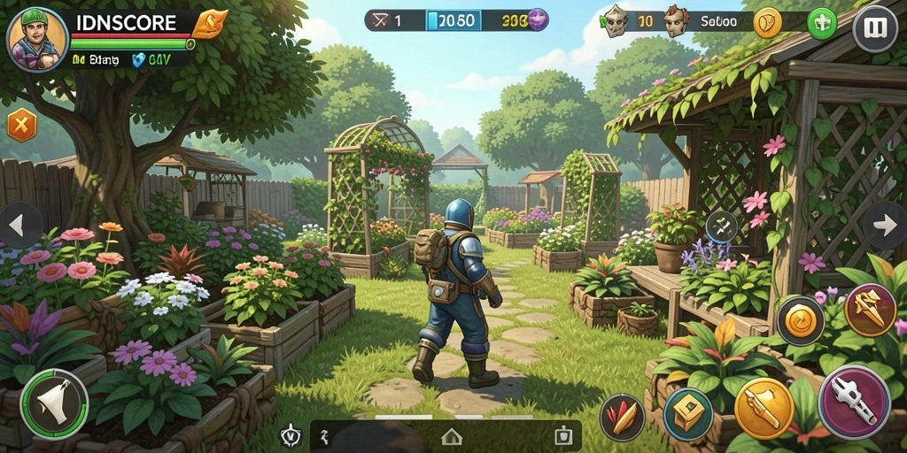 Screenshot IDNSCORE menampilkan pemain saat sedang berkebun dengan tanaman yang subur.