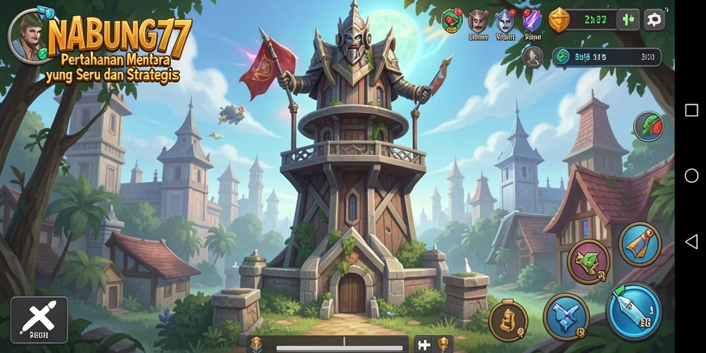 Screenshot gameplay NABUNG77 menunjukkan pertahanan menara yang strategis dan musuh yang beragam.