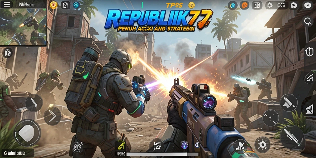 Screenshot gameplay REPUBLIK77 yang menampilkan aksi tempur intens dalam TPS.