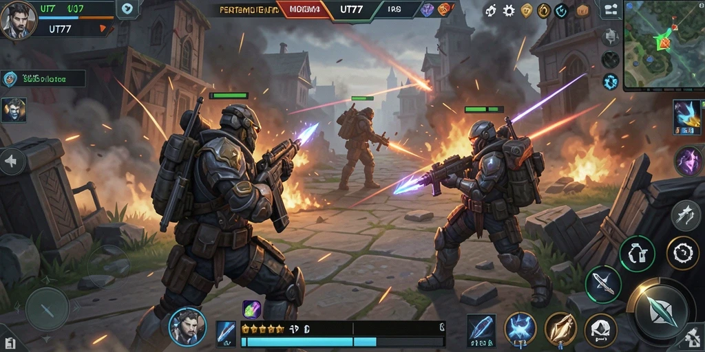 Tampilan gameplay seru UT77 dengan aksi MOBA yang mendebarkan.